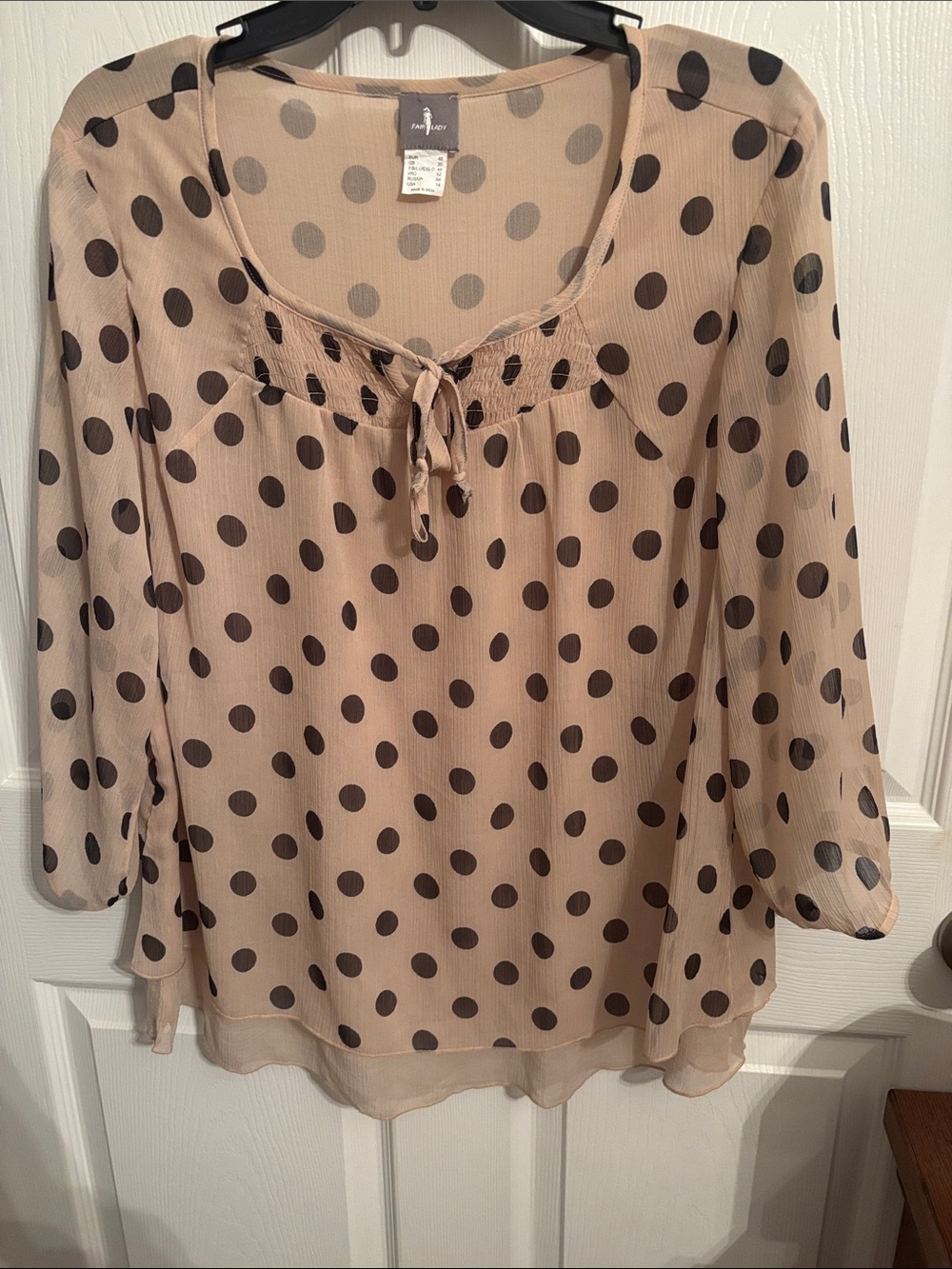 Polka Dot Tie-Neck Sheer Blouse - Beige/Black